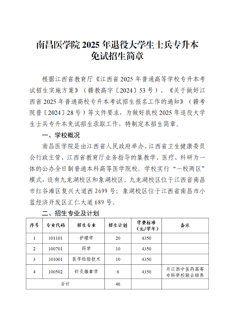 南昌医学院退役大学生士兵专升本
